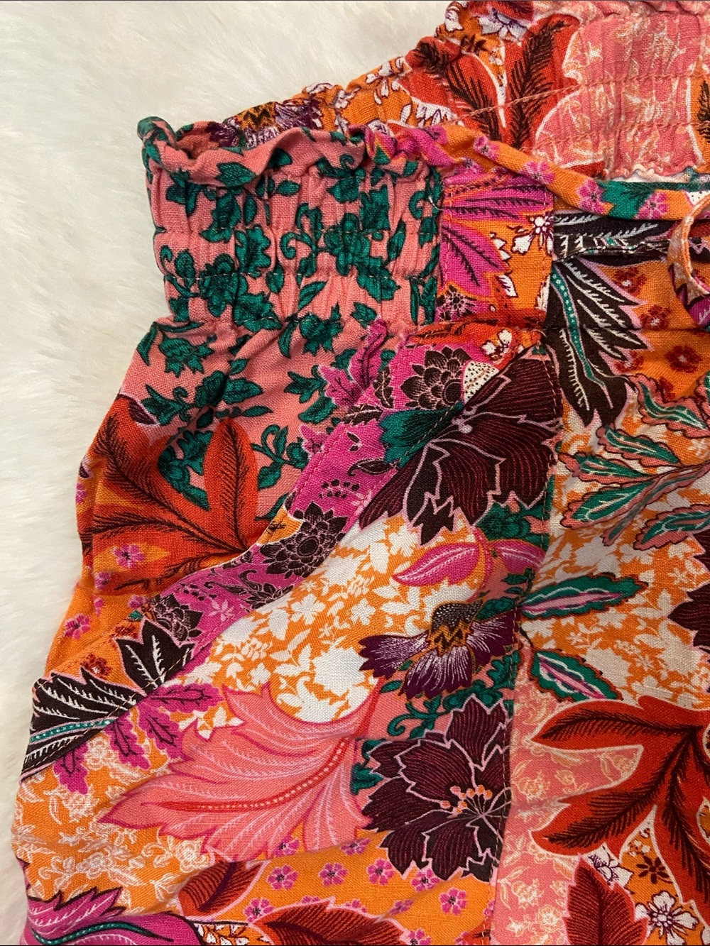 Loft Boho Floral Linen Blend Wide-Leg Pants — Orange & Pink Patchwork - Picture 4 of 7